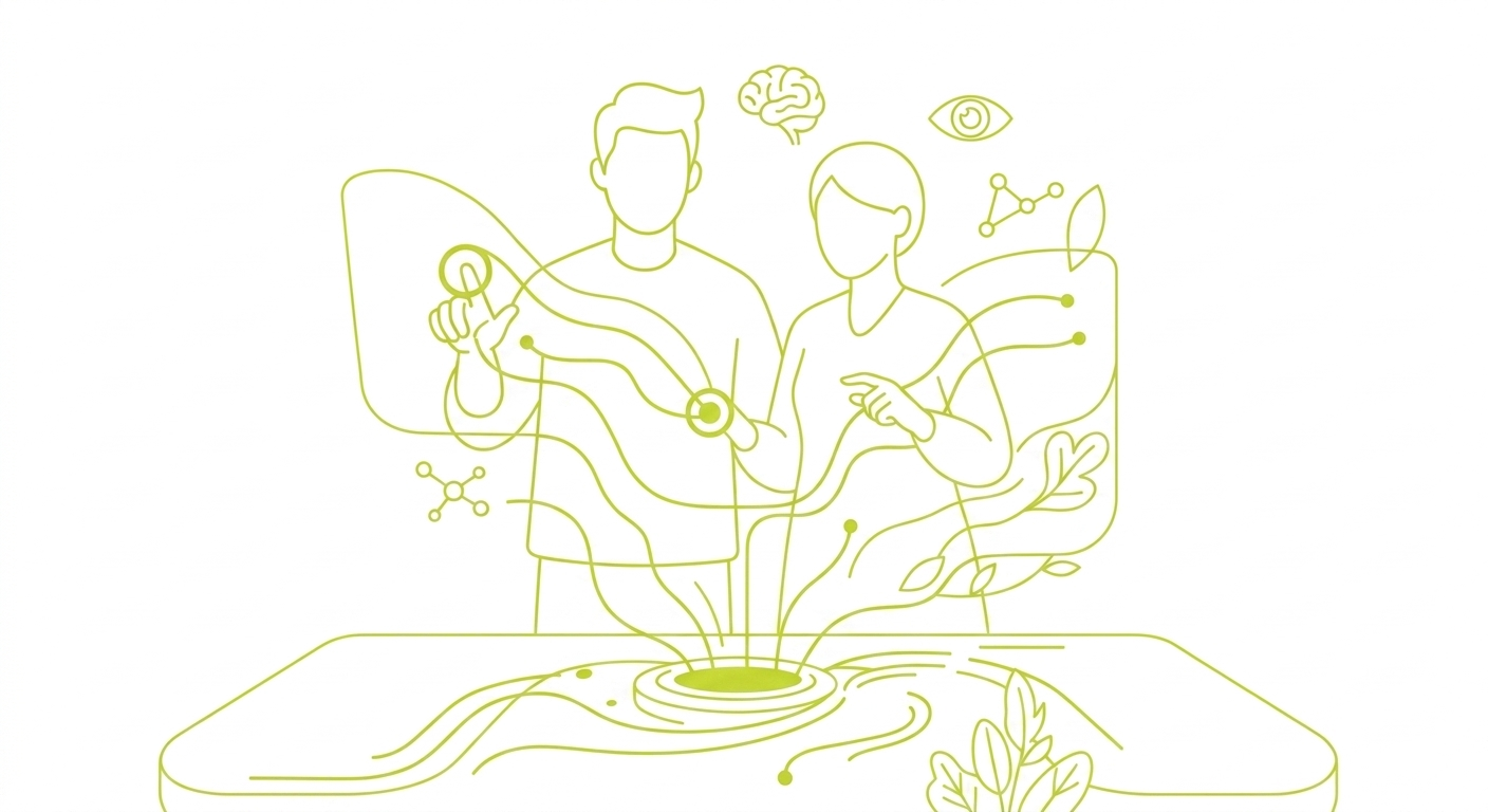 Line illustration of two people shaping a digital experience together